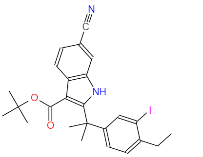 CAS： 1256584-75-4，中文名称： 6-氰基-2-(2-(4-乙基-3-碘苯基)丙-2-基)-1H-吲哚-3-羧酸叔丁酯