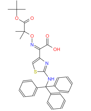 CAS： 68672-66-2，中文名称： (Z)-2-(2-三苯甲基氨基噻唑-4-基)-2-(2-叔丁氧羰基丙-2-氧亚氨)乙酸