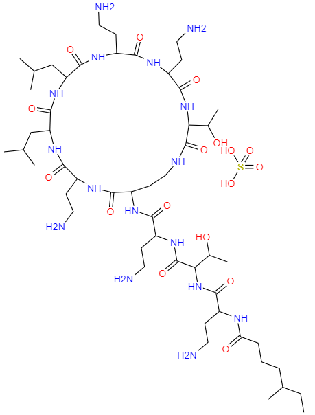 CAS： 1264-72-8，中文名称： 硫酸粘菌素 英文名称：Colistin sulfate 