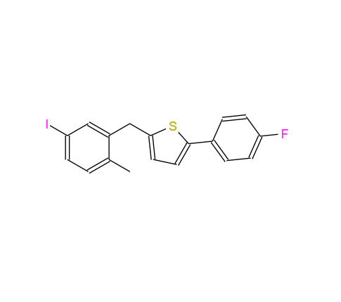 CAS： 898566-17-1,中文名称： 2-(4-氟苯基)-5-[(5-碘-2-甲基苯基)甲基]噻吩 