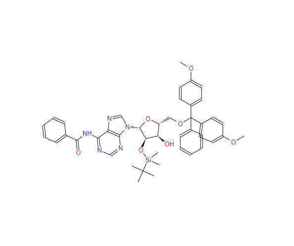 CAS： 81265-93-2，中文名称： 5'-DMT-2'-TBDMS-苯甲酰基腺苷 英文名称：5'-O-DMT-2'-O-TBDMS-N-Bz-Adenosine 